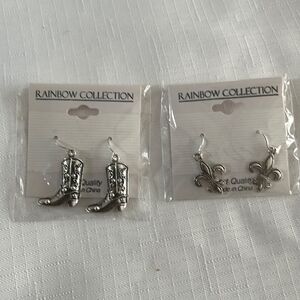 RAINBOW COLLECTION SILVER COWGIRL AND FLEUR DE LIS EARRINGS.  NEW
